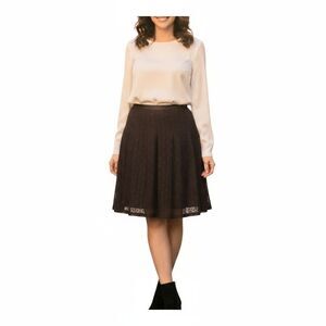 LOFT Crocheted Skirt Pleated Lace Overlay Ribbon Waist Black Brown Midi size 14